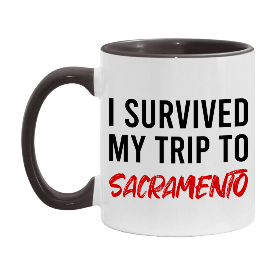 Funny Travel Mug – I Survived My Trip to Sacramento, 11oz or 15oz White Ceramic Coffee Mug, Novelty Travel Gift