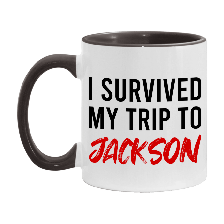 Funny Travel Mug – I Survived My Trip to Jackson, 11oz or 15oz White Ceramic Coffee Mug, Novelty Travel Gift