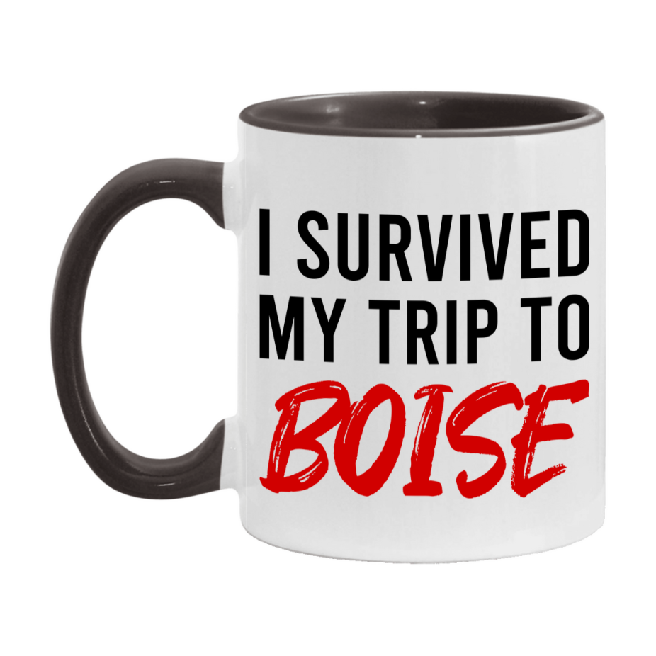 Funny Travel Mug – I Survived My Trip to Boise, 11oz or 15oz White Ceramic Coffee Mug, Novelty Travel Gift