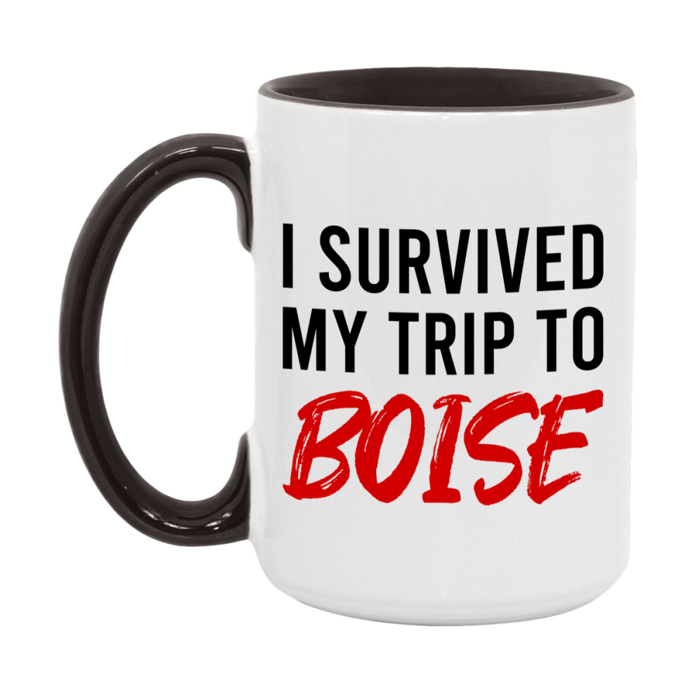 Funny Travel Mug – I Survived My Trip to Boise, 11oz or 15oz White Ceramic Coffee Mug, Novelty Travel Gift