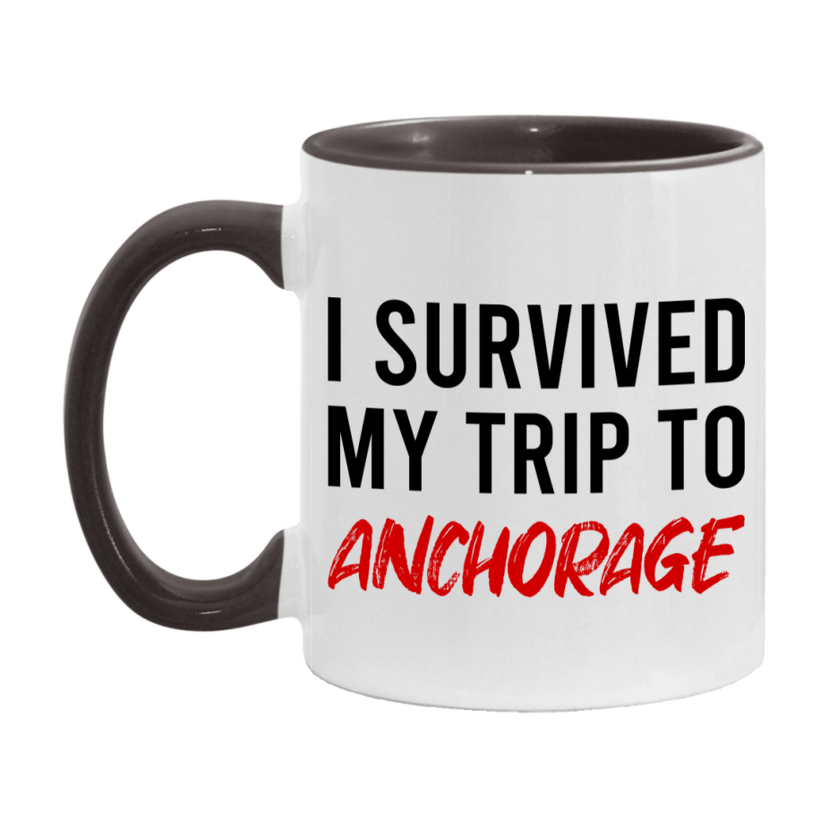 Funny Travel Mug – I Survived My Trip to Anchorage, 11oz or 15oz White Ceramic Coffee Mug, Novelty Travel Gift