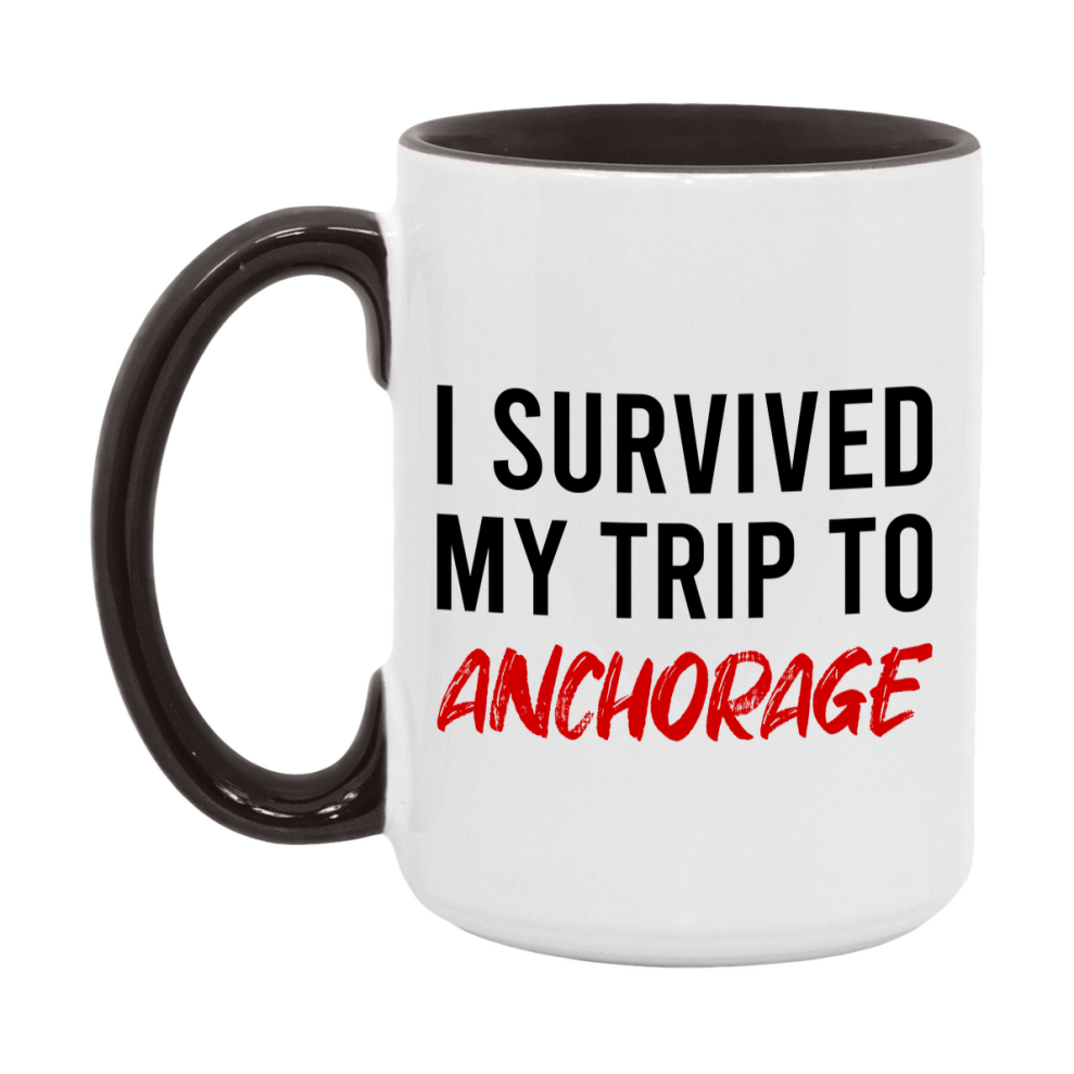 Funny Travel Mug – I Survived My Trip to Anchorage, 11oz or 15oz White Ceramic Coffee Mug, Novelty Travel Gift