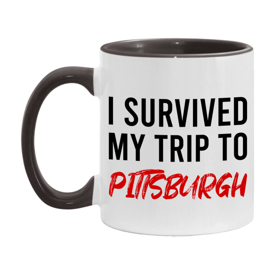Funny Travel Mug – I Survived My Trip to Pittsburgh, 11oz or 15oz White Ceramic Coffee Mug, Novelty Travel Gift
