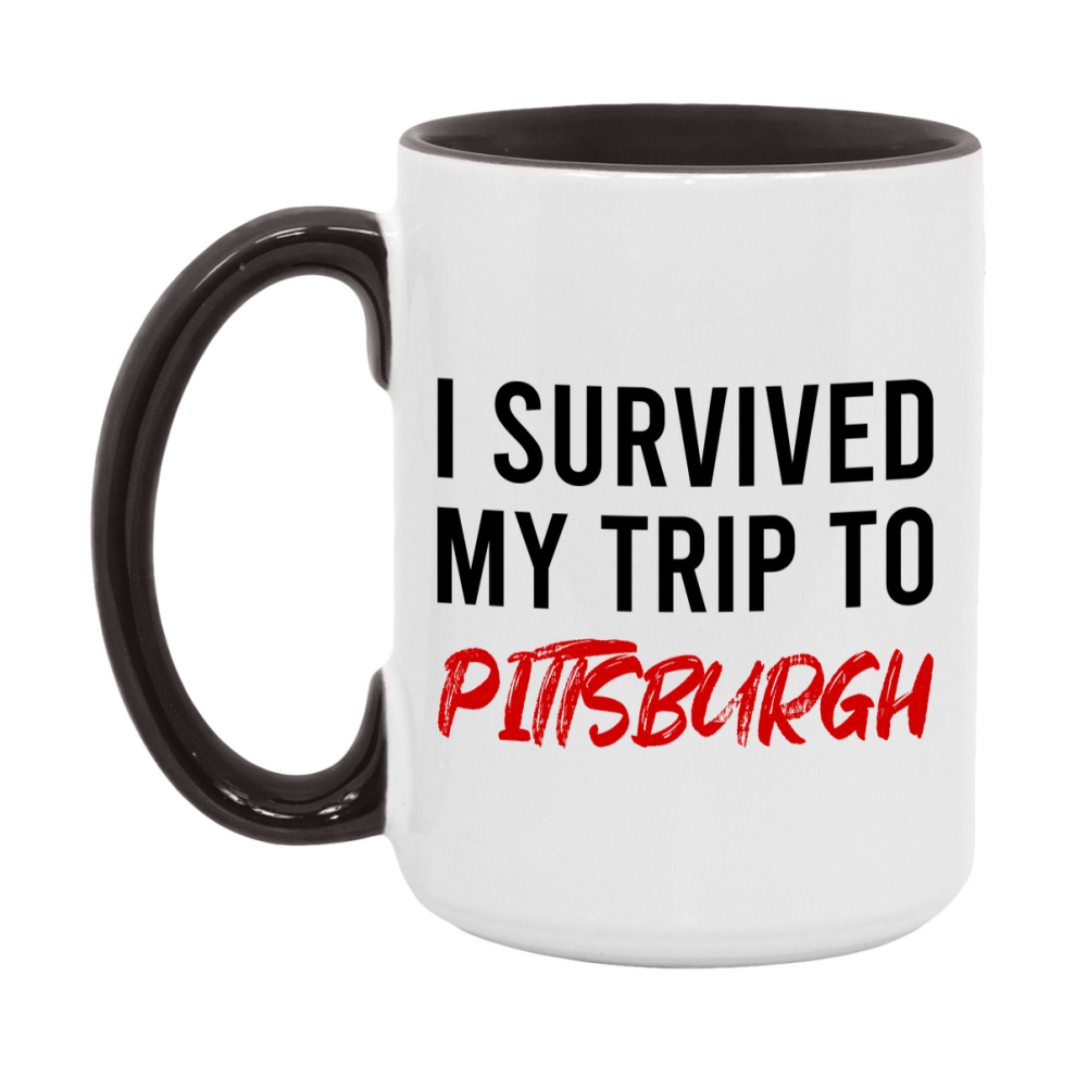 Funny Travel Mug – I Survived My Trip to Pittsburgh, 11oz or 15oz White Ceramic Coffee Mug, Novelty Travel Gift
