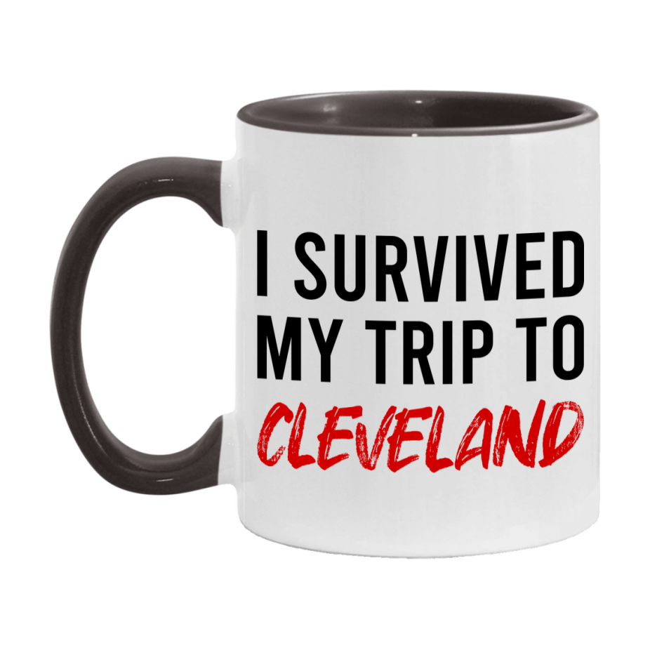 Funny Travel Mug – I Survived My Trip to Cleveland, 11oz or 15oz White Ceramic Coffee Mug, Novelty Travel Gift