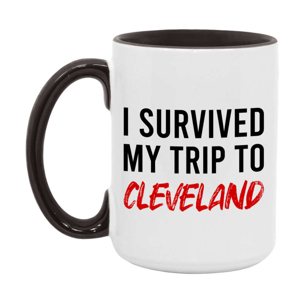 Funny Travel Mug – I Survived My Trip to Cleveland, 11oz or 15oz White Ceramic Coffee Mug, Novelty Travel Gift