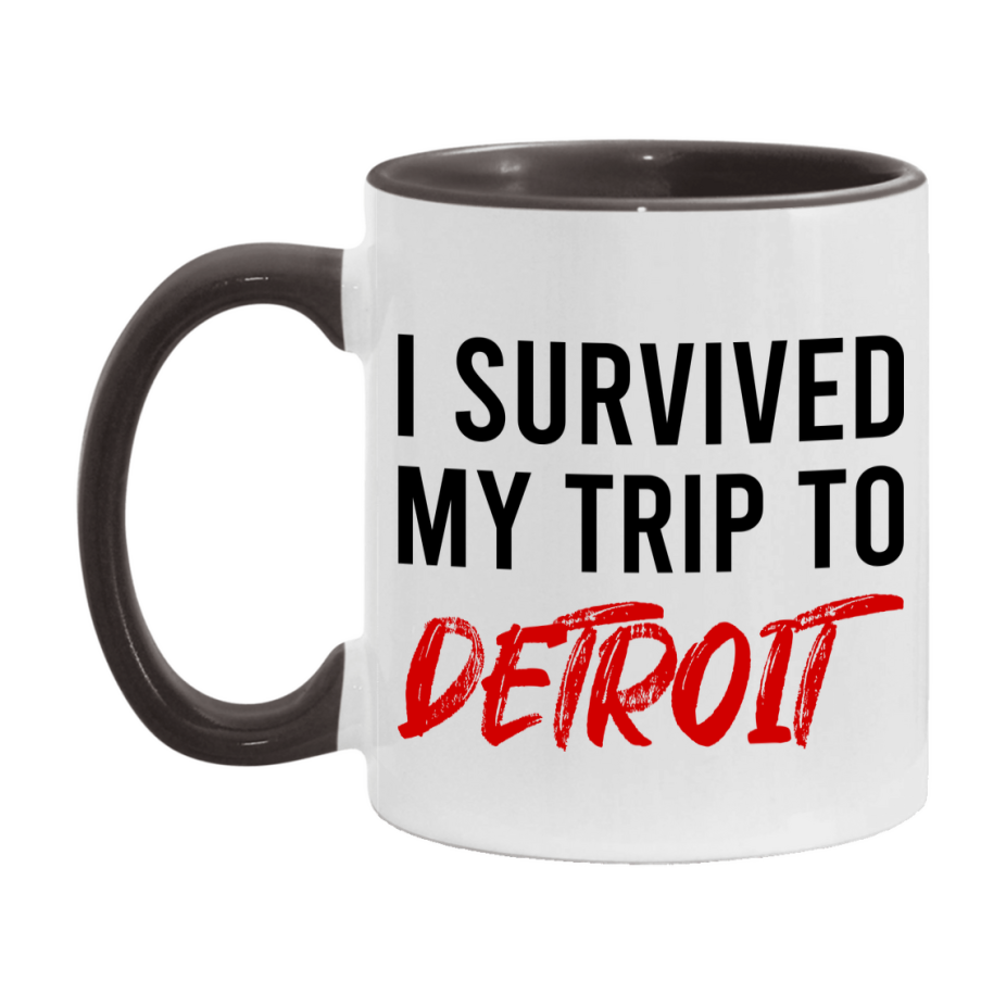 Funny Travel Mug – I Survived My Trip to Detroit, 11oz or 15oz White Ceramic Coffee Mug, Novelty Travel Gift