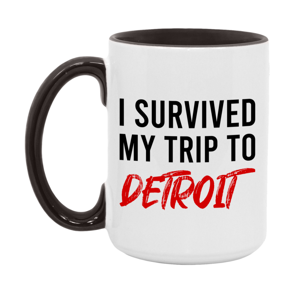 Funny Travel Mug – I Survived My Trip to Detroit, 11oz or 15oz White Ceramic Coffee Mug, Novelty Travel Gift