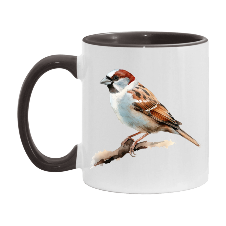 Bird Watching Mug, House Sparrow Song Bird Mug, 11oz or 15oz White Ceramic Coffee Mug Gift for Bird Watchers