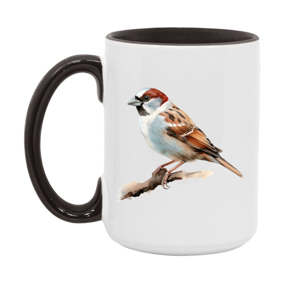 Bird Watching Mug, House Sparrow Song Bird Mug, 11oz or 15oz White Ceramic Coffee Mug Gift for Bird Watchers