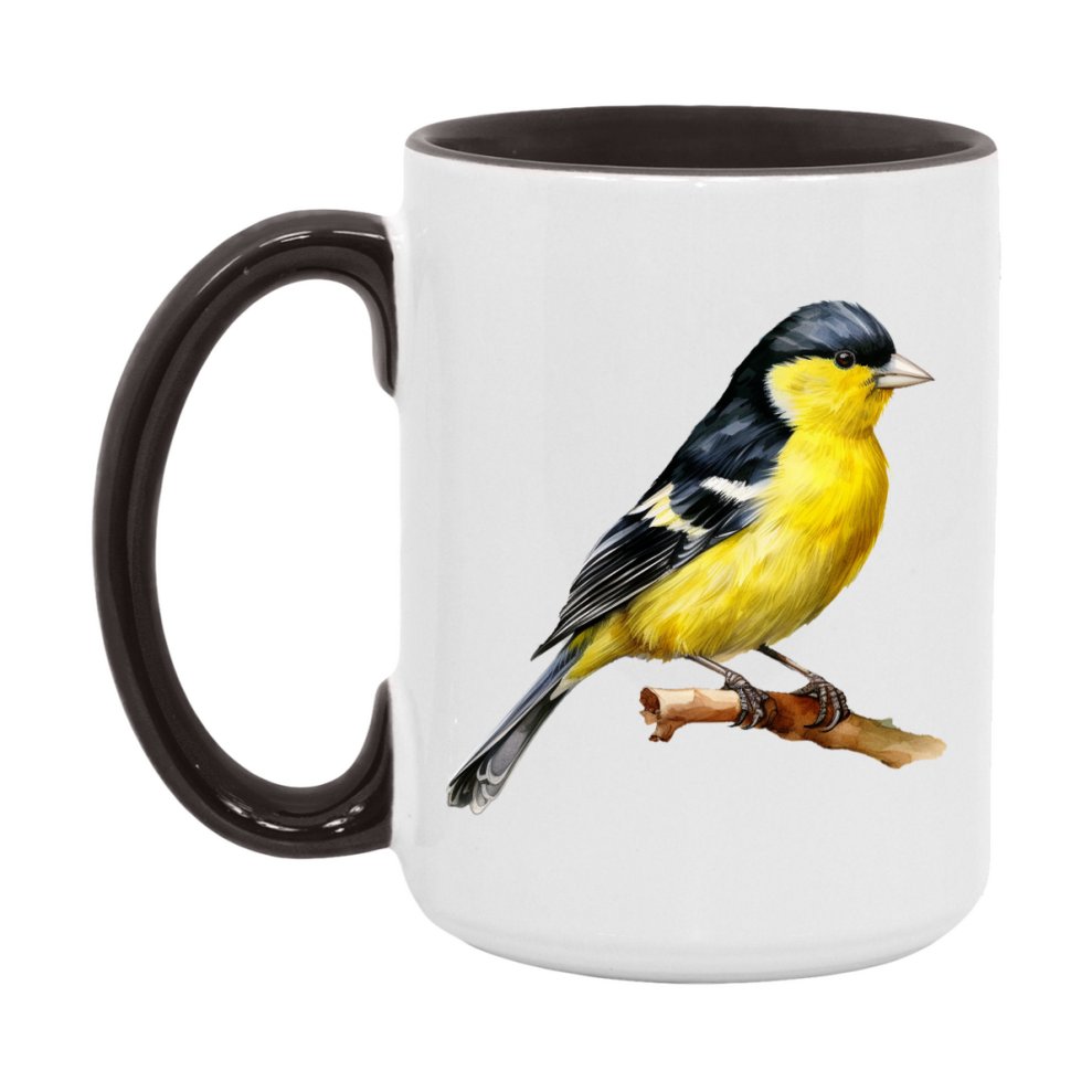 Bird Watching Mug, Lesser Goldfinch Song Bird Mug, 11oz or 15oz White Ceramic Coffee Mug Gift for Bird Watchers
