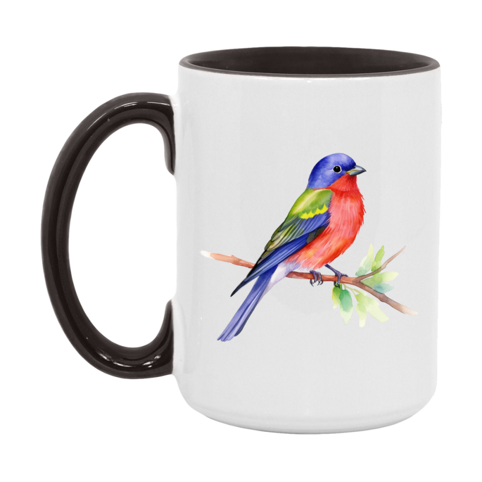 Bird Watching Mug, Painted Bunting Song Bird Mug, 11oz or 15oz White Ceramic Coffee Mug Gift for Bird Watchers