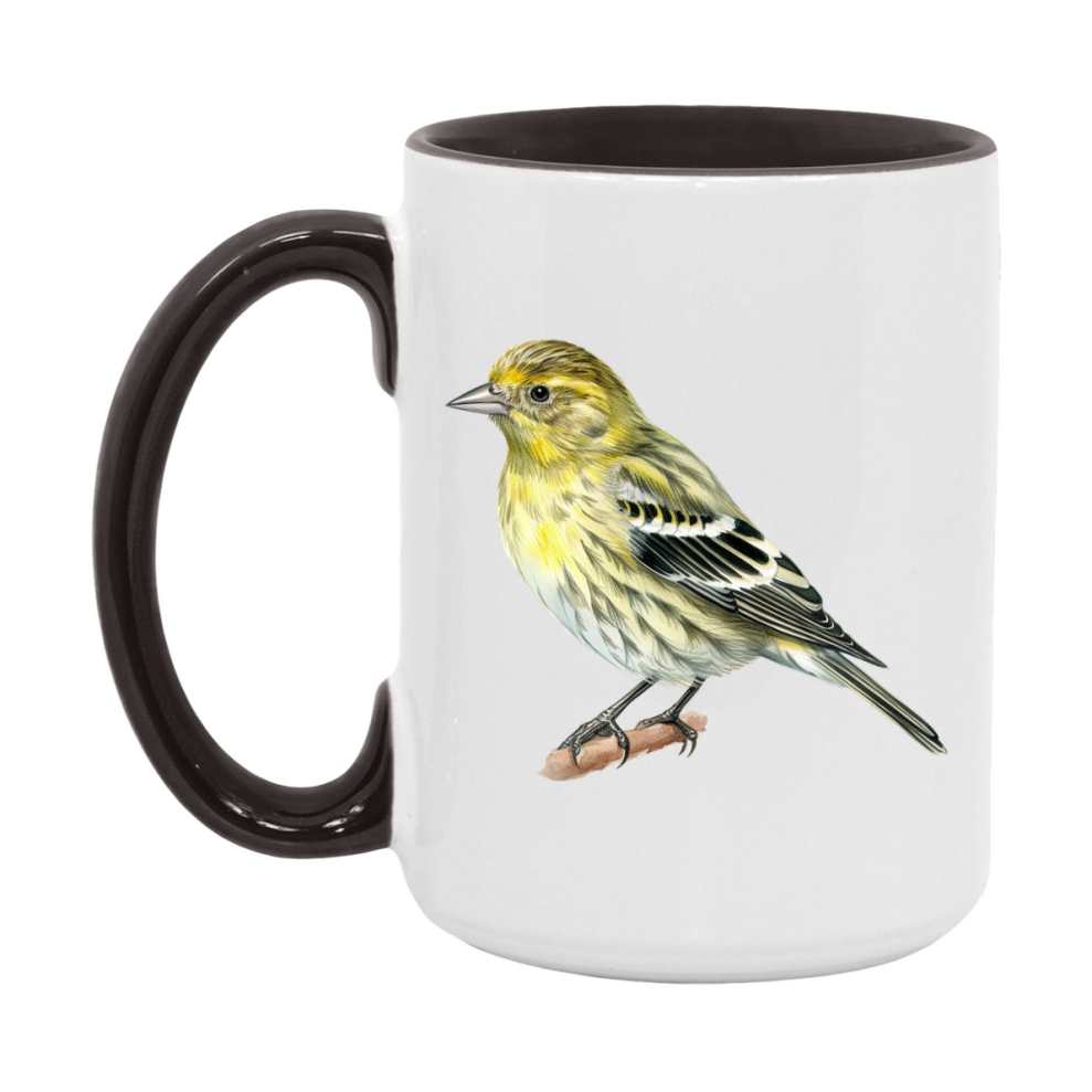 Bird Watching Mug, Pine Siskin Song Bird Mug, 11oz or 15oz White Ceramic Coffee Mug Gift for Bird Watchers