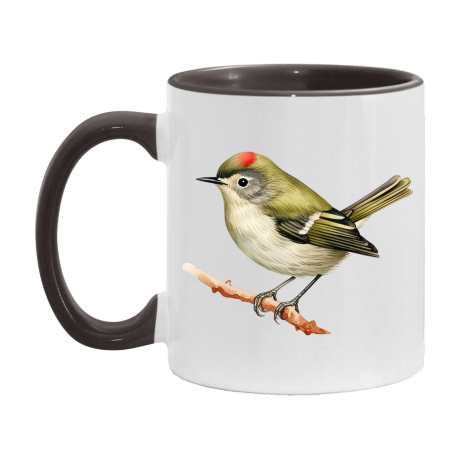 Bird Watching Mug, Ruby Crowned Kinglet Song Bird Mug, 11oz or 15oz White Ceramic Coffee Mug Gift for Bird Watchers