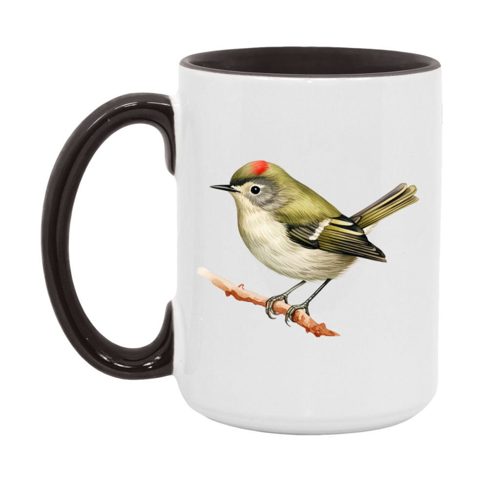 Bird Watching Mug, Ruby Crowned Kinglet Song Bird Mug, 11oz or 15oz White Ceramic Coffee Mug Gift for Bird Watchers
