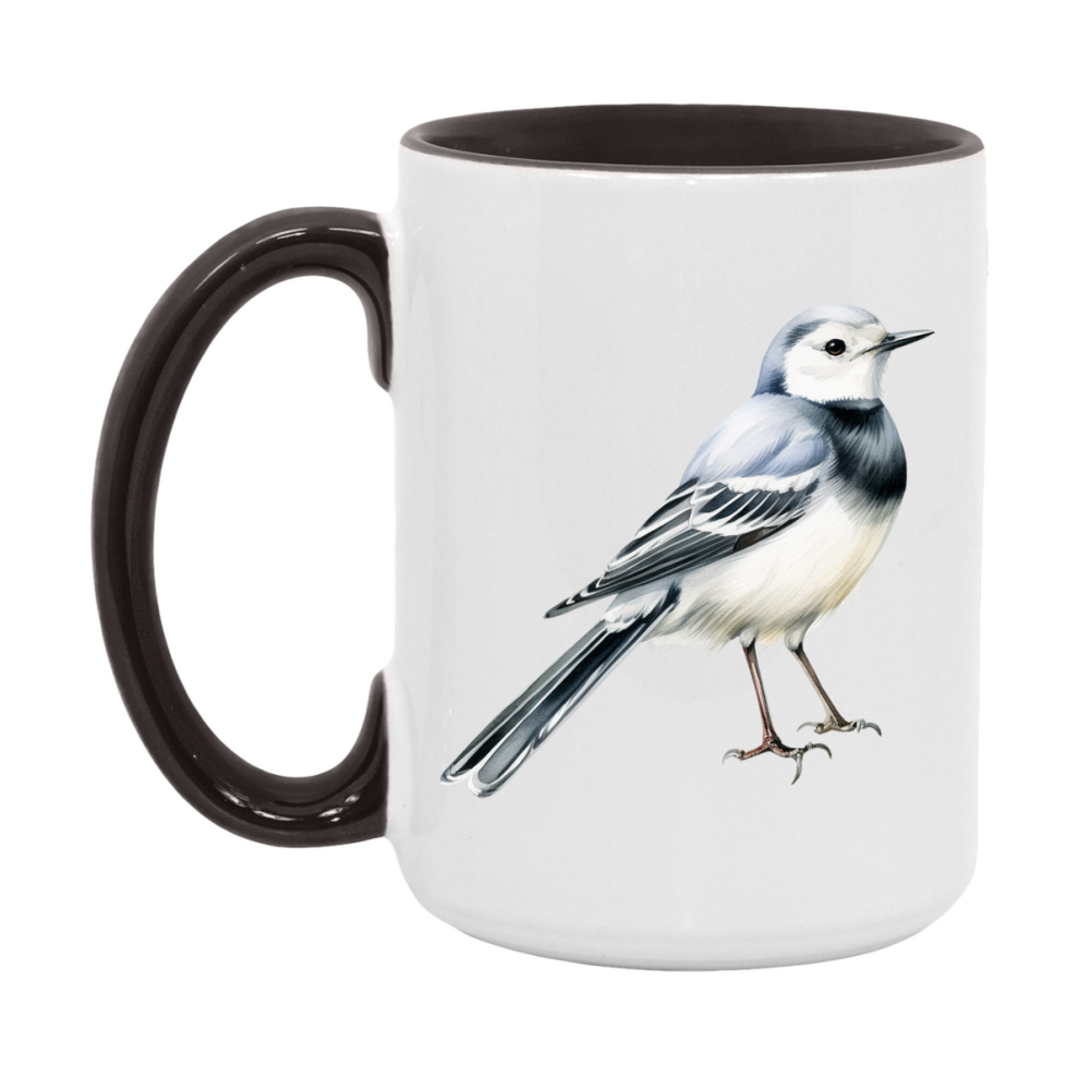 Bird Watching Mug, White Wagtail Song Bird Mug, 11oz or 15oz White Ceramic Coffee Mug Gift for Bird Watchers