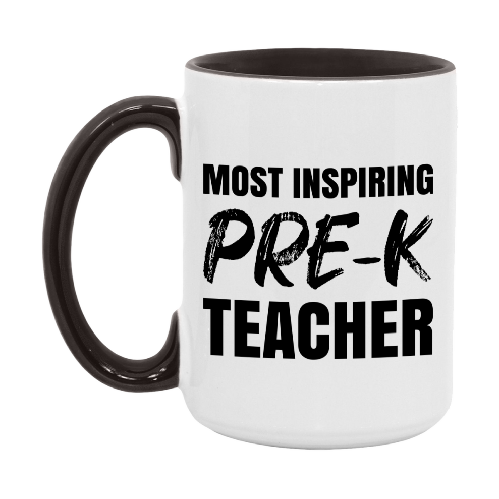 Teacher Superlative Mug, Most Inspiring Pre-K Teacher Gift, 11oz or 15oz White Ceramic Coffee Cup, Gift for Pre-K Teacher