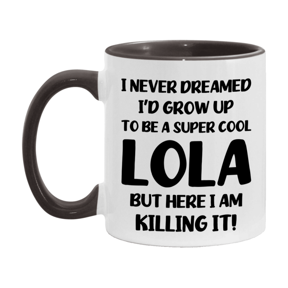 Funny Lola Mug - "I Never Dreamed I'd Grow Up To Be A Super Cool Lola" - White Ceramic Coffee Cup (11Oz Or 15Oz