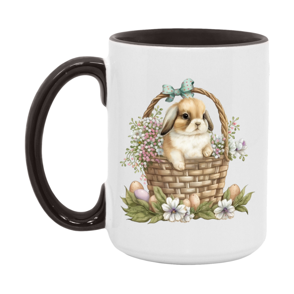 Easter Bunny Coffee Mug, Cute Bunny With Basket Easter Gift, Double-Sided 11Oz Or 15Oz White Ceramic Cup