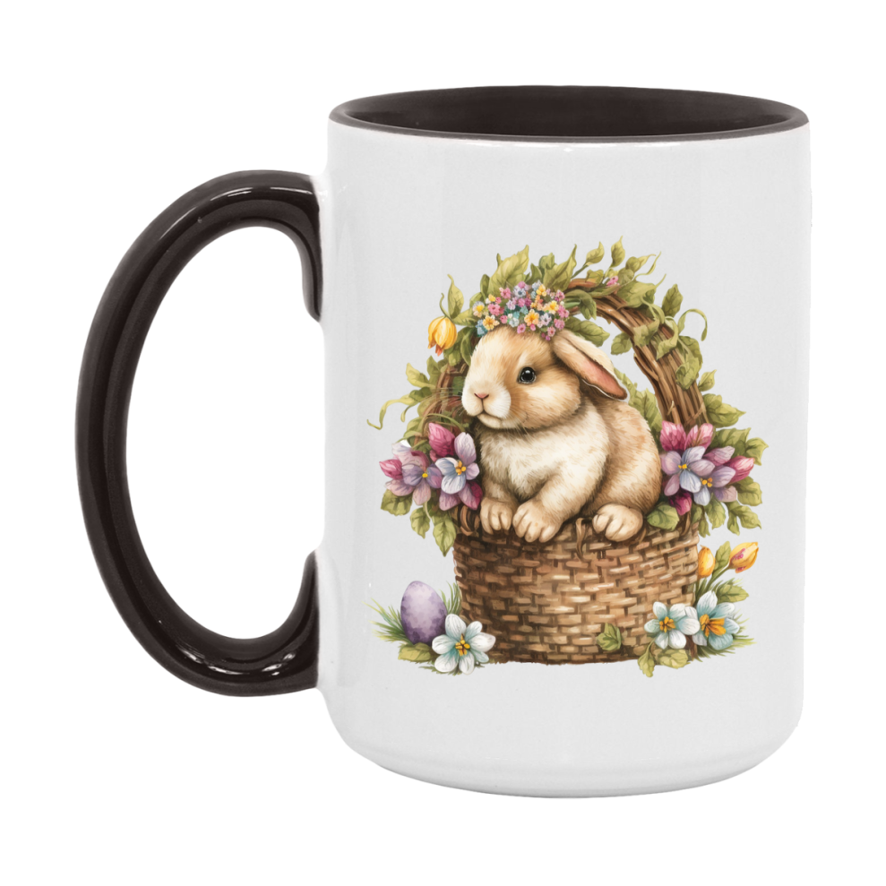 Easter Bunny Coffee Mug, Vintage Bunny Basket Design Easter Gift, Double-Sided 11Oz Or 15Oz White Ceramic Cup