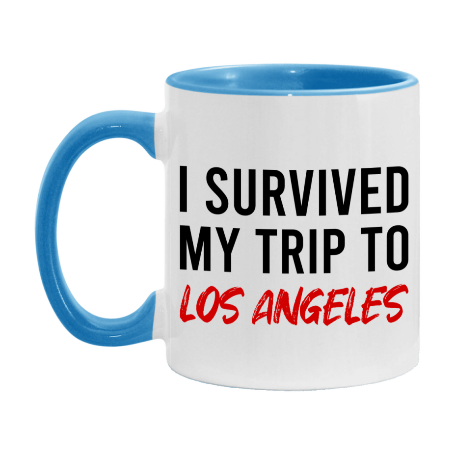 Funny Travel Mug – I Survived My Trip to Los Angeles, 11oz or 15oz White Ceramic Coffee Mug, Novelty Travel Gift