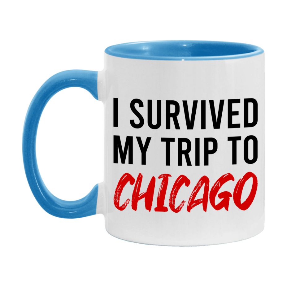 Funny Travel Mug – I Survived My Trip to Chicago, 11oz or 15oz White Ceramic Coffee Mug, Novelty Travel Gift