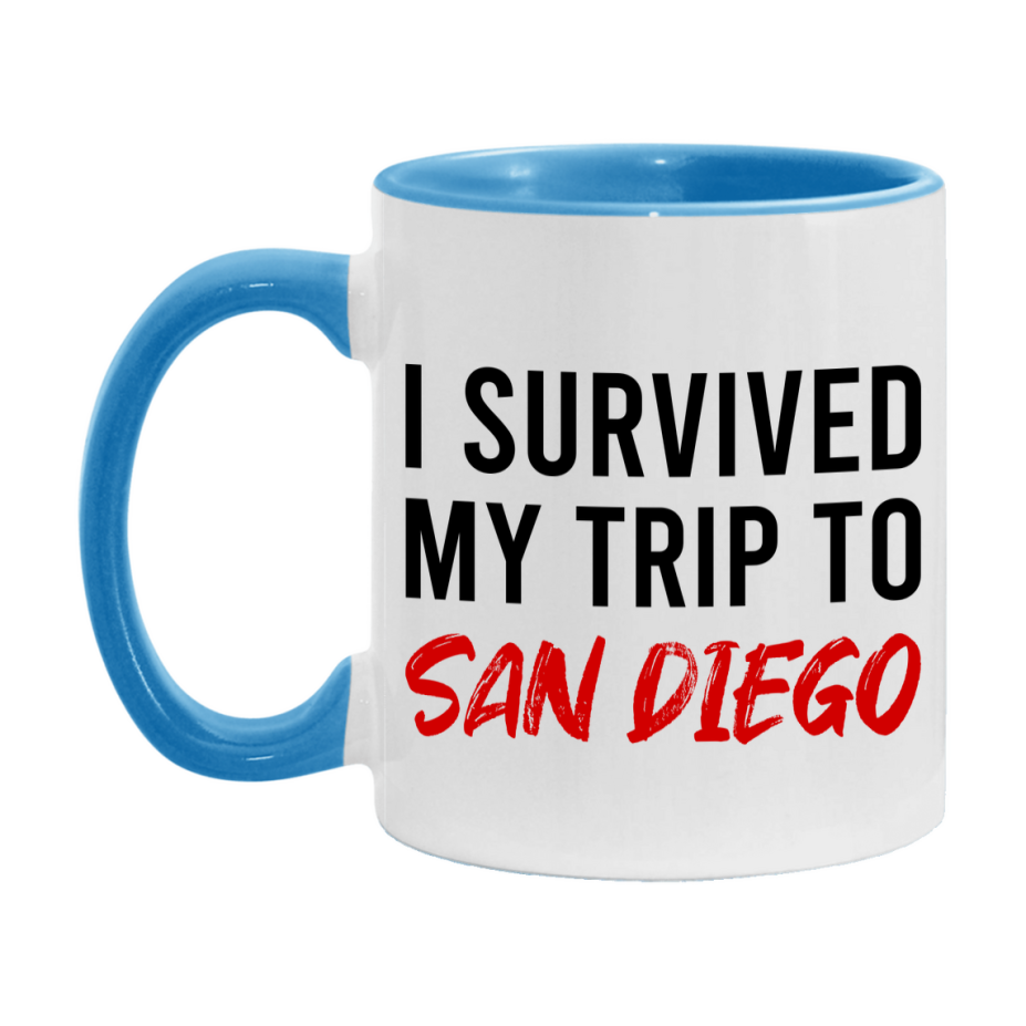 Funny Travel Mug – I Survived My Trip to San Diego, 11oz or 15oz White Ceramic Coffee Mug, Novelty Travel Gift