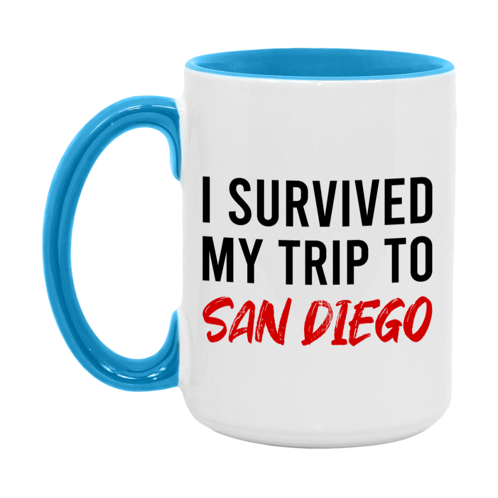 Funny Travel Mug – I Survived My Trip to San Diego, 11oz or 15oz White Ceramic Coffee Mug, Novelty Travel Gift