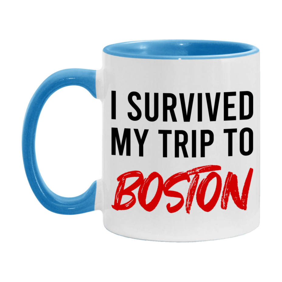Funny Travel Mug – I Survived My Trip to Boston, 11oz or 15oz White Ceramic Coffee Mug, Novelty Travel Gift