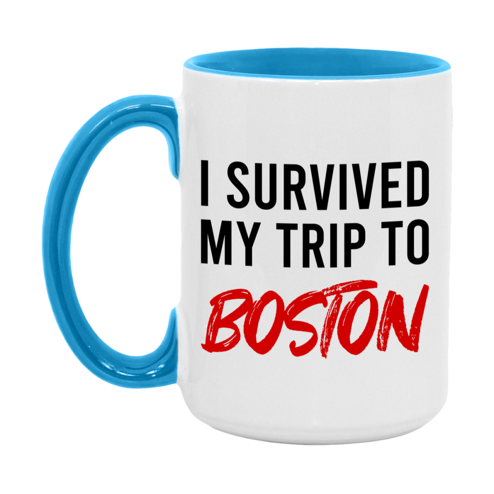 Funny Travel Mug – I Survived My Trip to Boston, 11oz or 15oz White Ceramic Coffee Mug, Novelty Travel Gift