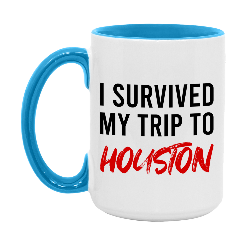 Funny Travel Mug – I Survived My Trip to Houston, 11oz or 15oz White Ceramic Coffee Mug, Novelty Travel Gift