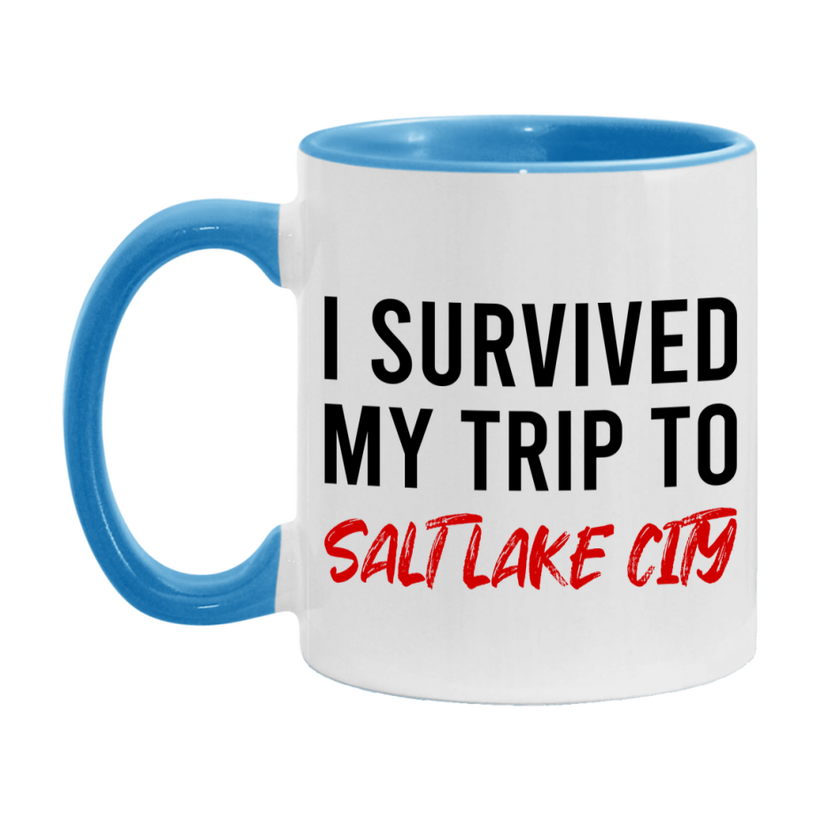 Funny Travel Mug – I Survived My Trip to Salt Lake Salt Lake City, 11oz or 15oz White Ceramic Coffee Mug, Novelty Travel Gift
