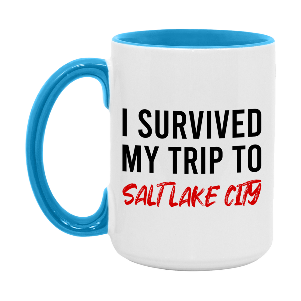 Funny Travel Mug – I Survived My Trip to Salt Lake Salt Lake City, 11oz or 15oz White Ceramic Coffee Mug, Novelty Travel Gift