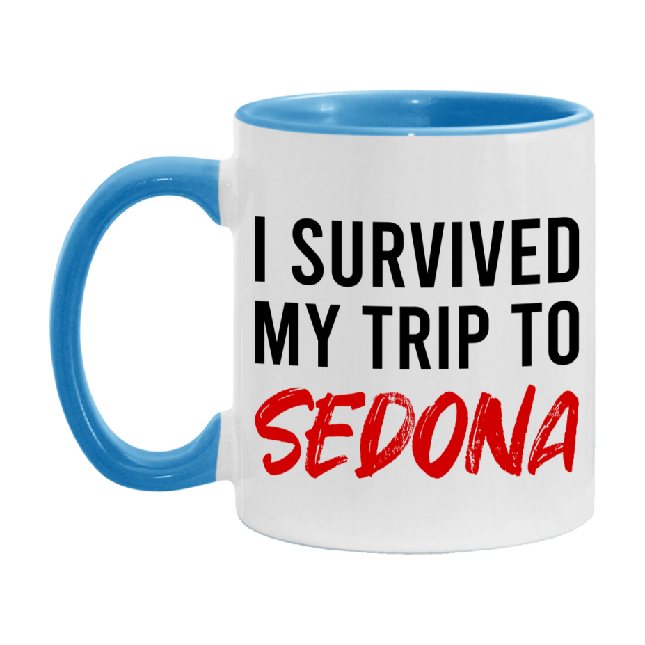 Funny Travel Mug – I Survived My Trip to Sedona, 11oz or 15oz White Ceramic Coffee Mug, Novelty Travel Gift
