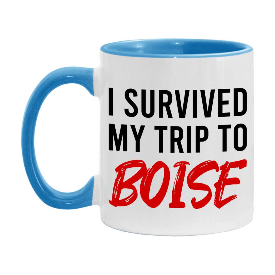Funny Travel Mug – I Survived My Trip to Boise, 11oz or 15oz White Ceramic Coffee Mug, Novelty Travel Gift
