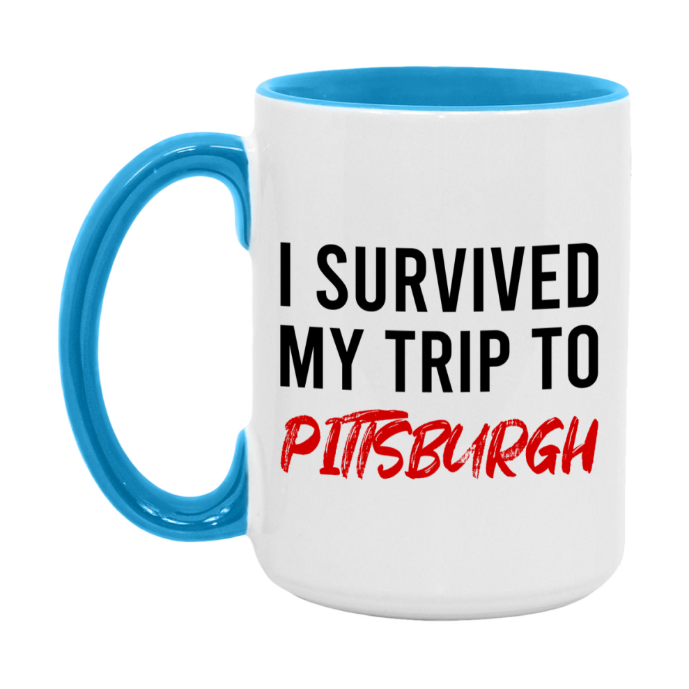 Funny Travel Mug – I Survived My Trip to Pittsburgh, 11oz or 15oz White Ceramic Coffee Mug, Novelty Travel Gift