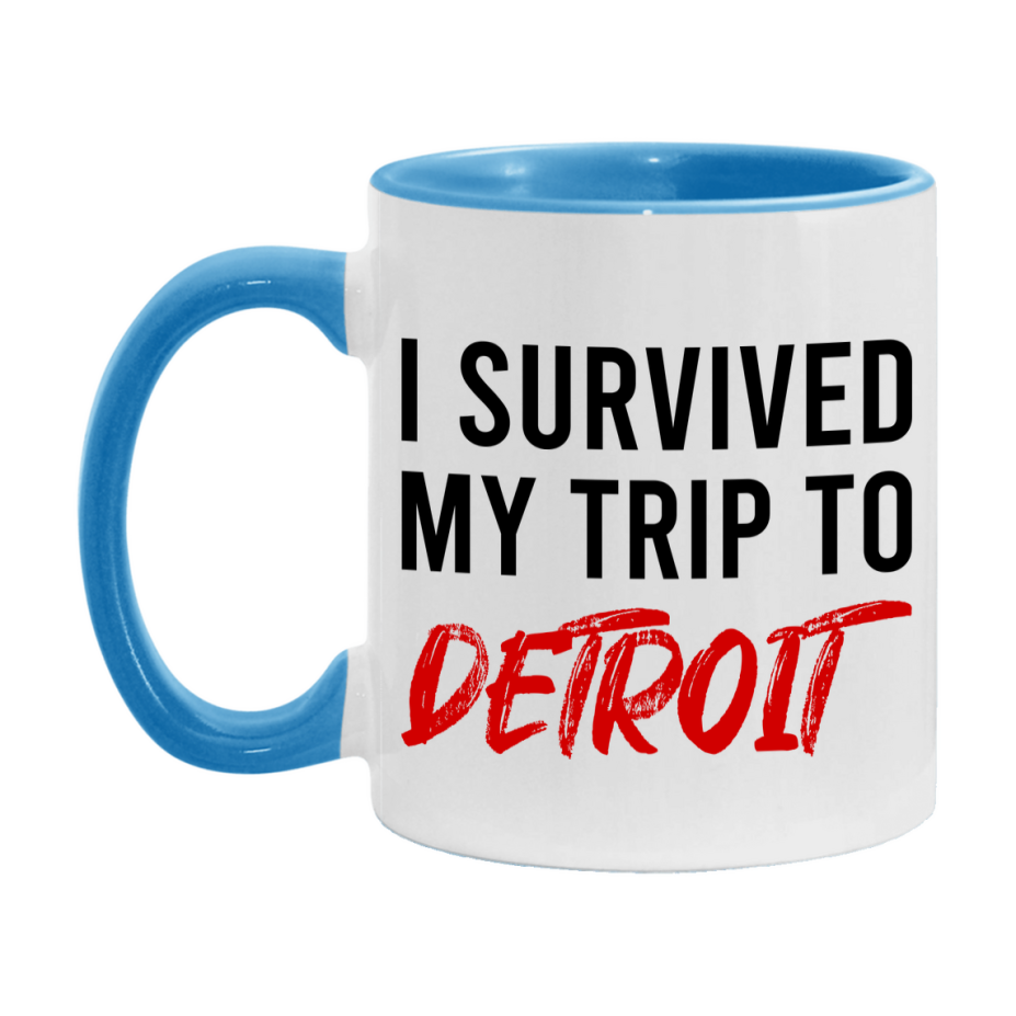 Funny Travel Mug – I Survived My Trip to Detroit, 11oz or 15oz White Ceramic Coffee Mug, Novelty Travel Gift