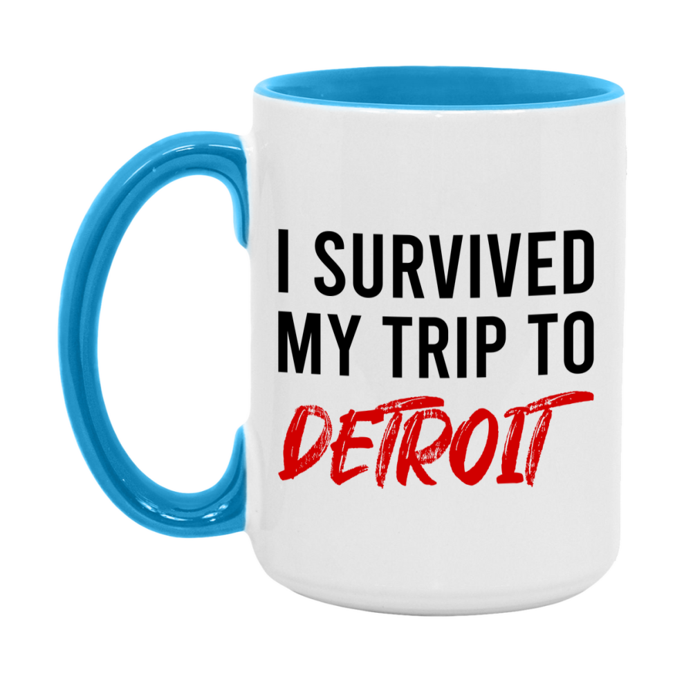 Funny Travel Mug – I Survived My Trip to Detroit, 11oz or 15oz White Ceramic Coffee Mug, Novelty Travel Gift