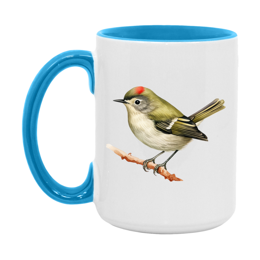 Bird Watching Mug, Ruby Crowned Kinglet Song Bird Mug, 11oz or 15oz White Ceramic Coffee Mug Gift for Bird Watchers
