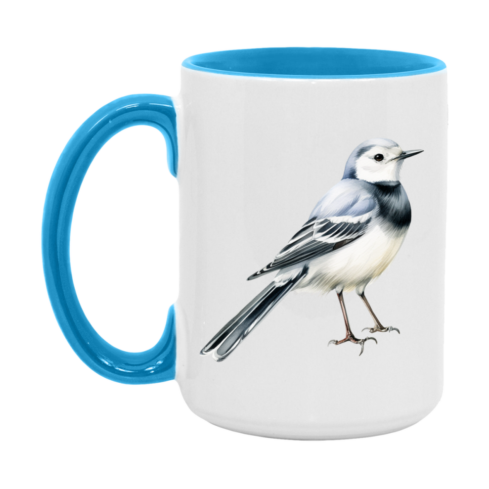 Bird Watching Mug, White Wagtail Song Bird Mug, 11oz or 15oz White Ceramic Coffee Mug Gift for Bird Watchers