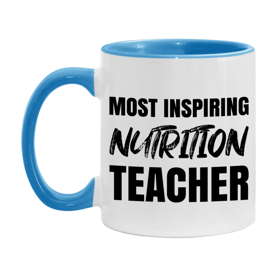 Teacher Superlative Mug, Most Inspiring Nutrition Teacher Gift, 11oz or 15oz White Ceramic Coffee Cup, Gift for Nutrition Teacher