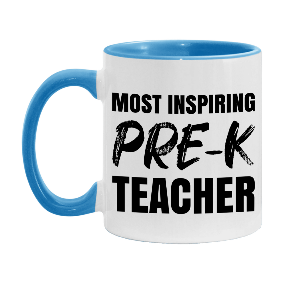 Teacher Superlative Mug, Most Inspiring Pre-K Teacher Gift, 11oz or 15oz White Ceramic Coffee Cup, Gift for Pre-K Teacher
