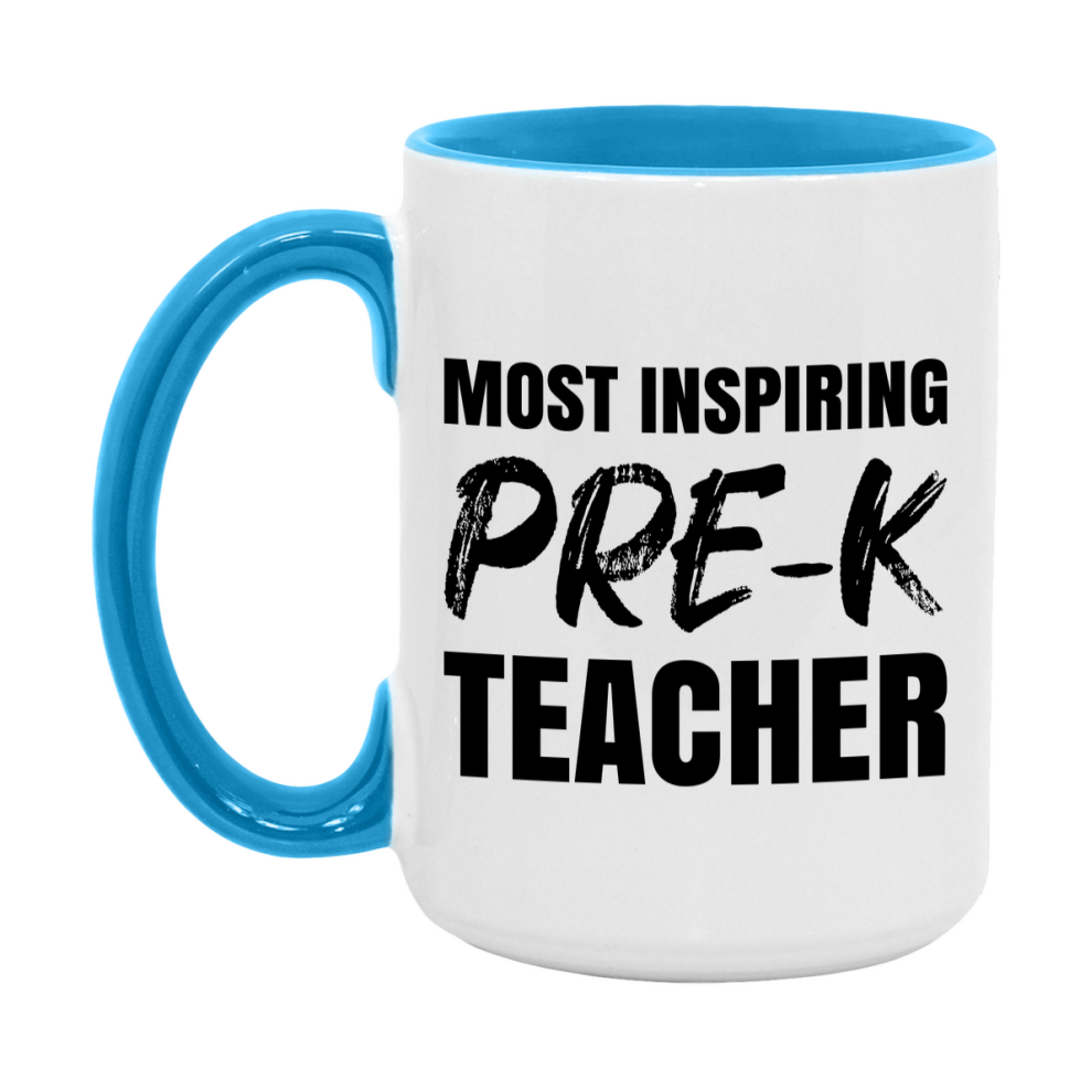 Teacher Superlative Mug, Most Inspiring Pre-K Teacher Gift, 11oz or 15oz White Ceramic Coffee Cup, Gift for Pre-K Teacher