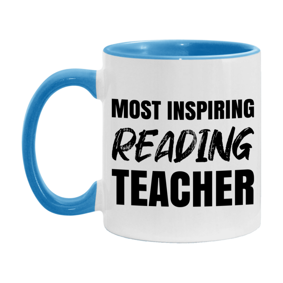 Teacher Superlative Mug, Most Inspiring Reading Teacher Gift, 11oz or 15oz White Ceramic Coffee Cup, Gift for Reading Teacher
