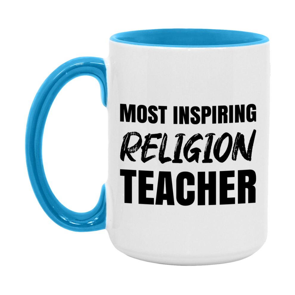 Teacher Superlative Mug, Most Inspiring Religion Teacher Gift, 11oz or 15oz White Ceramic Coffee Cup, Gift for Religion Teacher