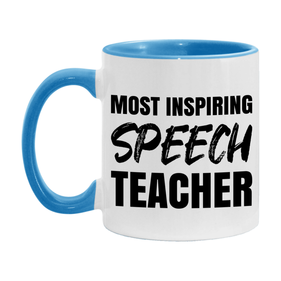 Teacher Superlative Mug, Most Inspiring Speech Teacher Gift, 11oz or 15oz White Ceramic Coffee Cup, Gift for Speech Teacher