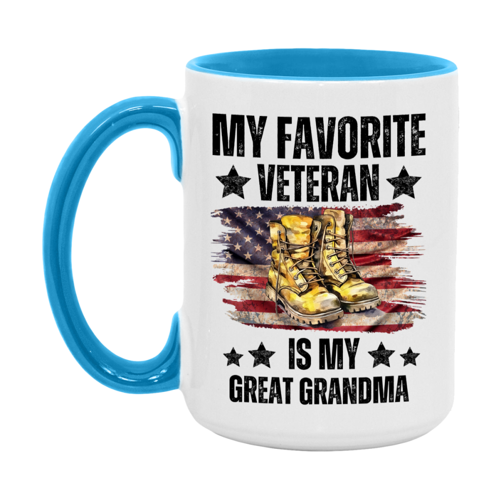 Veteran Gift Mug, My Favorite Veteran Is My Great Grandma, 11oz or 15oz Ceramic Coffee Cup Gift for Great Grandma