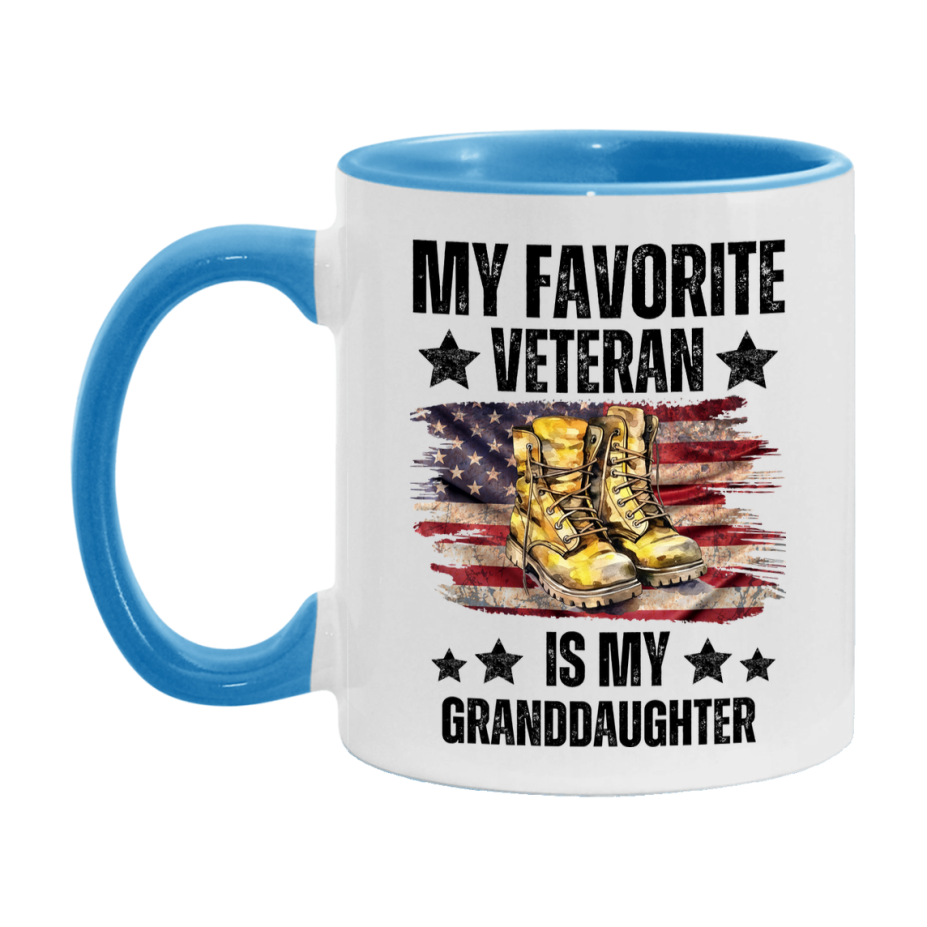 Veteran Gift Mug, My Favorite Veteran Is My Granddaughter, 11oz or 15oz Ceramic Coffee Cup Gift for Granddaughter