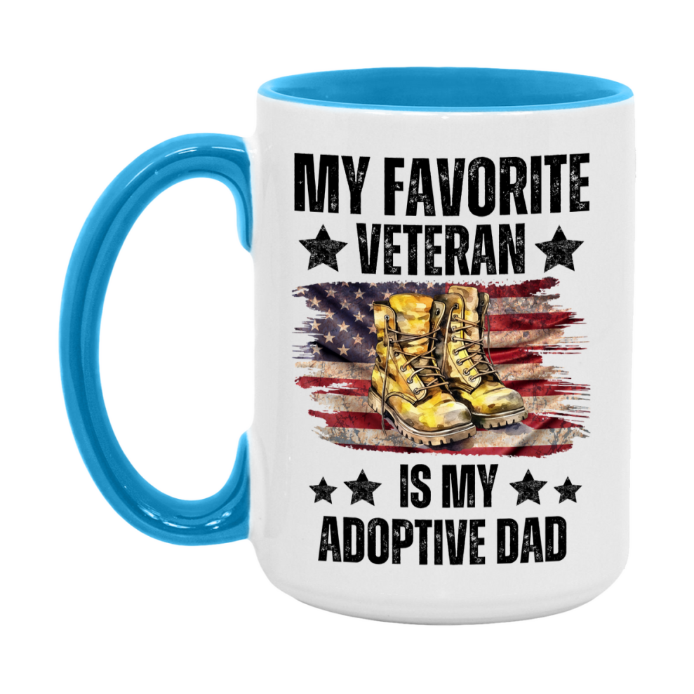 Veteran Gift Mug, My Favorite Veteran Is My Adoptive Dad, 11oz or 15oz Ceramic Coffee Cup Gift for Adoptive Dad