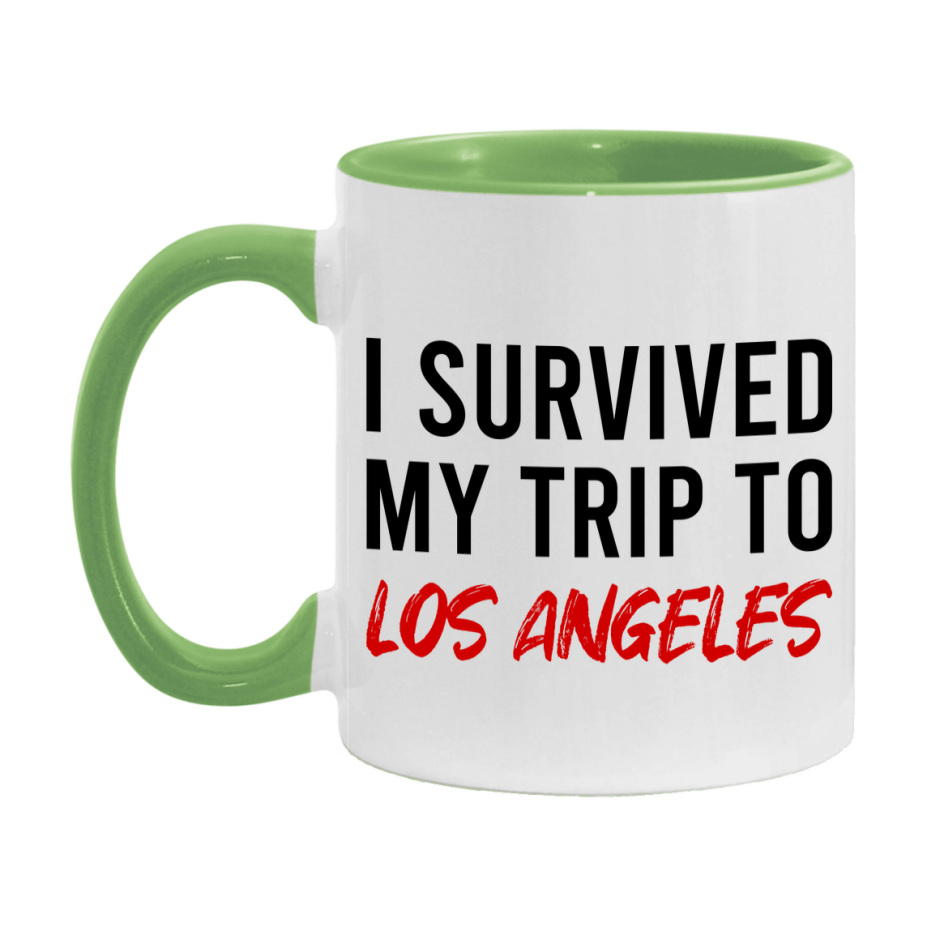 Funny Travel Mug – I Survived My Trip to Los Angeles, 11oz or 15oz White Ceramic Coffee Mug, Novelty Travel Gift